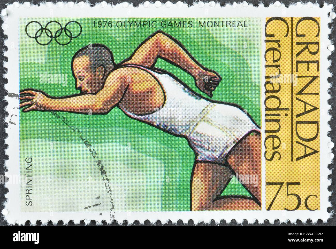 Gestempelte Briefmarke von Grenada, die Judo, Olympische Sommerspiele 1976 - Montreal, um 1976 zeigt. Stockfoto