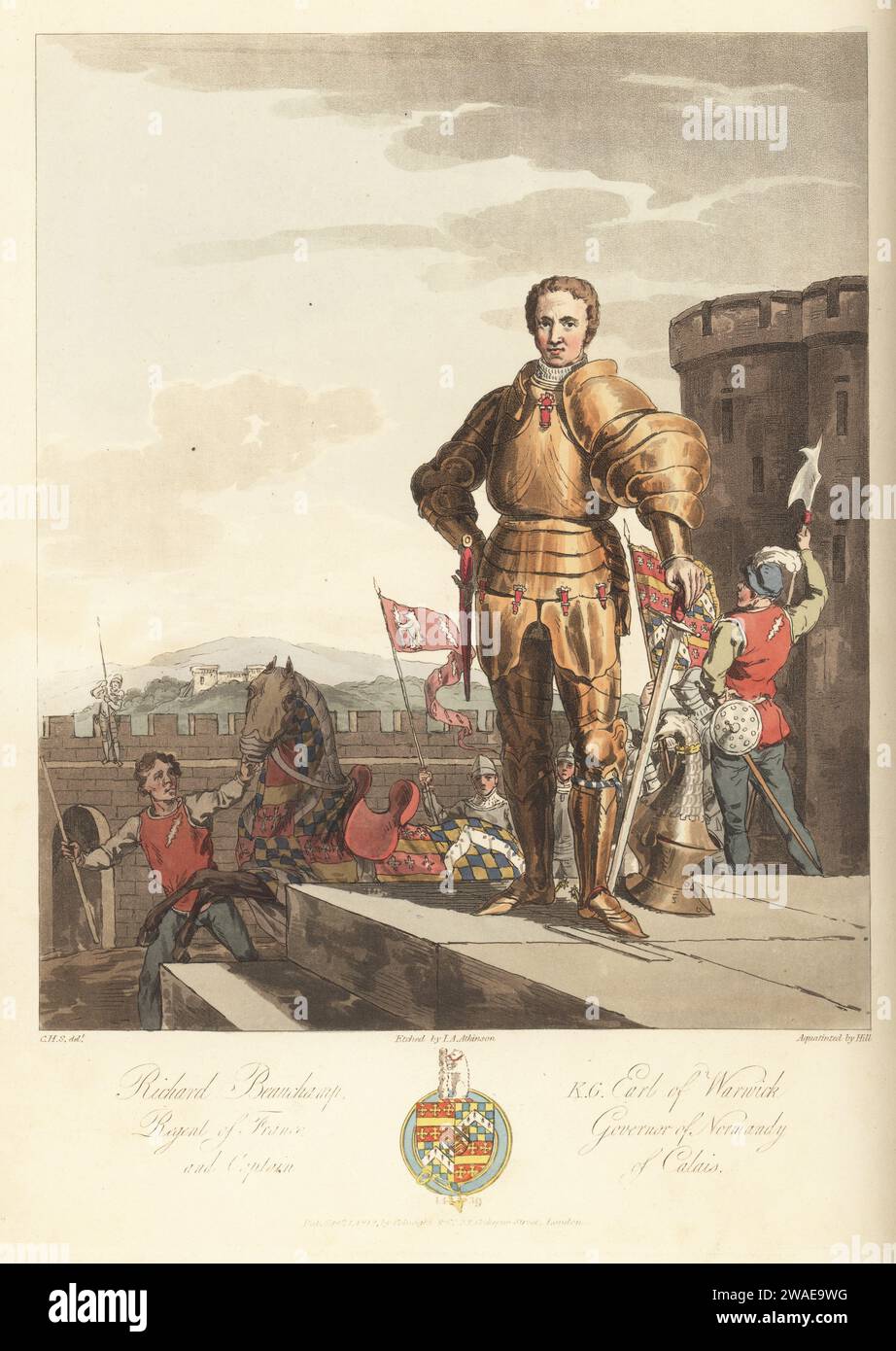 Richard Beauchamp, 13. Earl of Warwick, Regent von Frankreich, Gouverneur der Normandie, Kapitän von Calais, 1382–1439. In Anzug einer Plattenrüstung mit neugierigem linken Ellenbogenschild, Schwert und Dolch, Strumpfhose unter dem linken Knie, schwenkbares Steuerrad mit Schwanenkopf-Wappen. Pferd in prangender Kaparison, Bräutigam mit zerlumptem Personalabzeichen, Wimpel und Banner in der Hand. Der earl aus seinem bronzenen und goldenen Grabbild in der St. Mary's Church, Warwick; andere Figuren aus Cotton MS Julius E IV. Blazon. Handkolorierter Kupferstich von John Augustus Atkinson, Aquatined von John Hill, nach einer Illustration von Charles Hamilton SMI Stockfoto