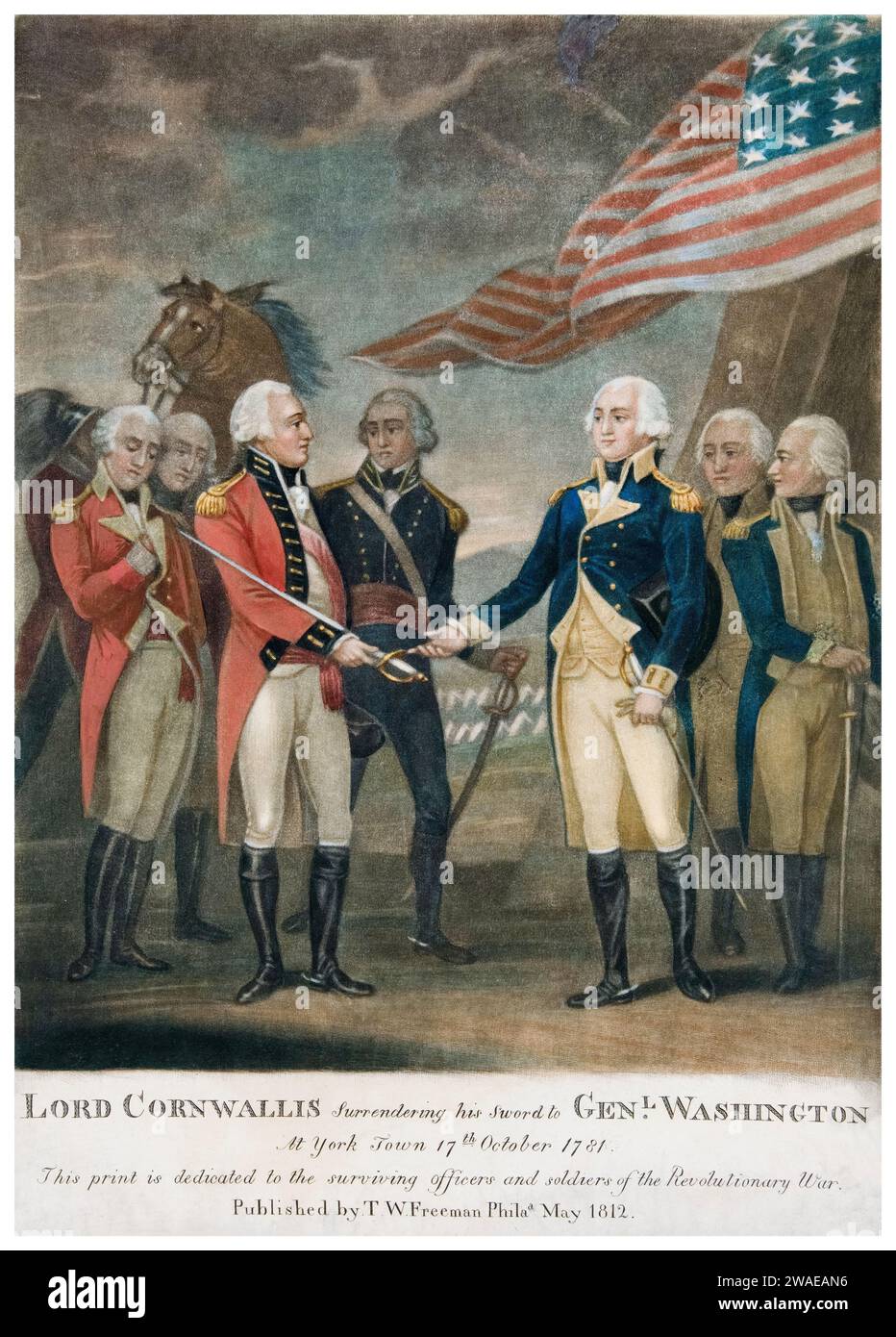 Lord Cornwallis übergibt sein Schwert General Washington, Mezzotint-Stich, 1812 Stockfoto