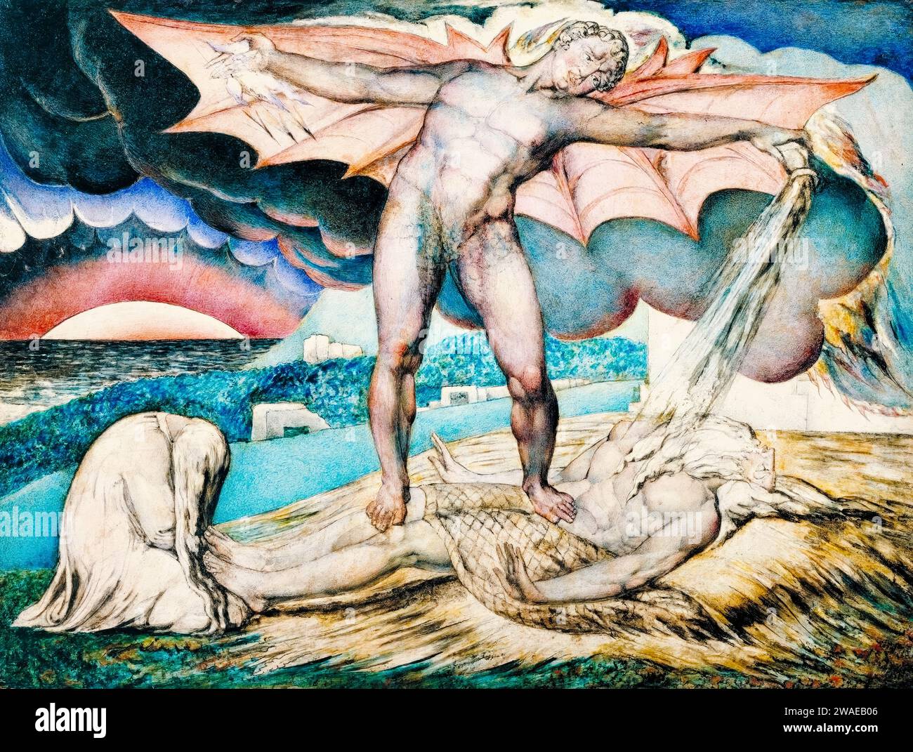 William Blake, Satan Smiting Job with Sore Boils, Malen Tempera auf Mahagoni-Holz über Stift und Tinte, um 1826 Stockfoto