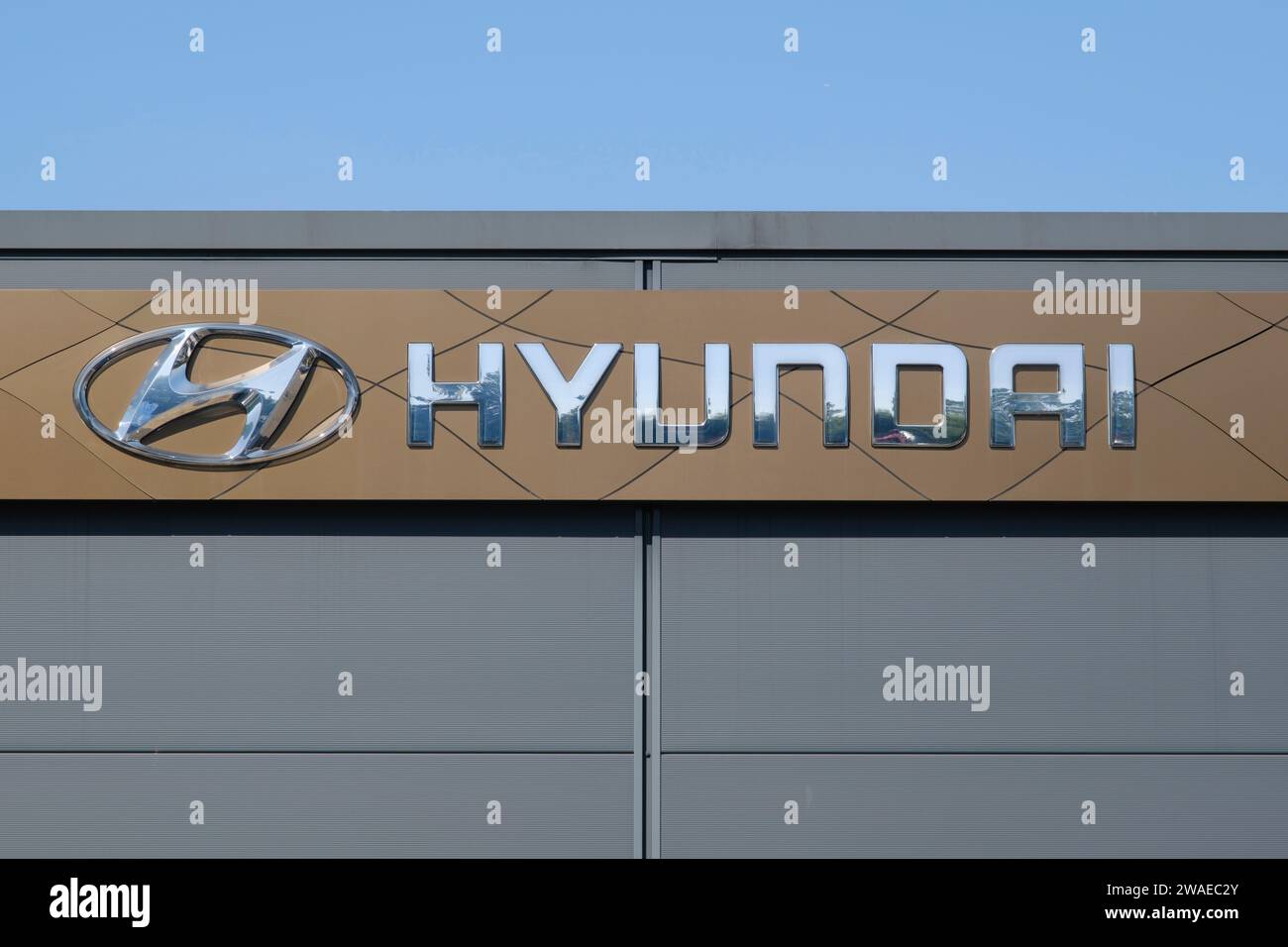 Schild und Logo der Autohersteller Hyundai Stockfoto