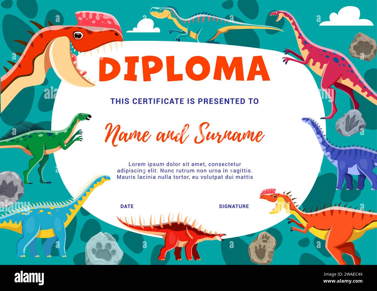 Kinderdiplom. Lustige Dinosaurierfiguren und Fußabdrücke aus fossilen Steinen. Diplom-Vektor-Vorlage mit Monolophosaurus, Dubreuillosaurus, Wannanosaurus und Barapasaurus, Kentrosaurus süße Persönlichkeit Stock Vektor