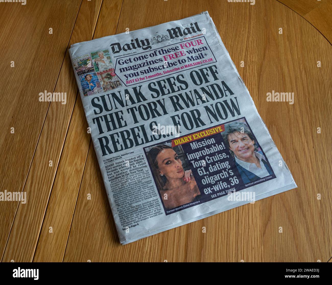 Sunak Sees Off the Tory Ruanda Rebels, Schlagzeile auf der Titelseite der Tageszeitung Daily Mail vom 13. Dezember 2023 Stockfoto