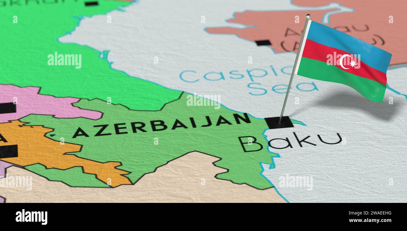 Aserbaidschan, Baku - Nationalflagge auf politischer Karte fixiert - 3D-Illustration Stockfoto