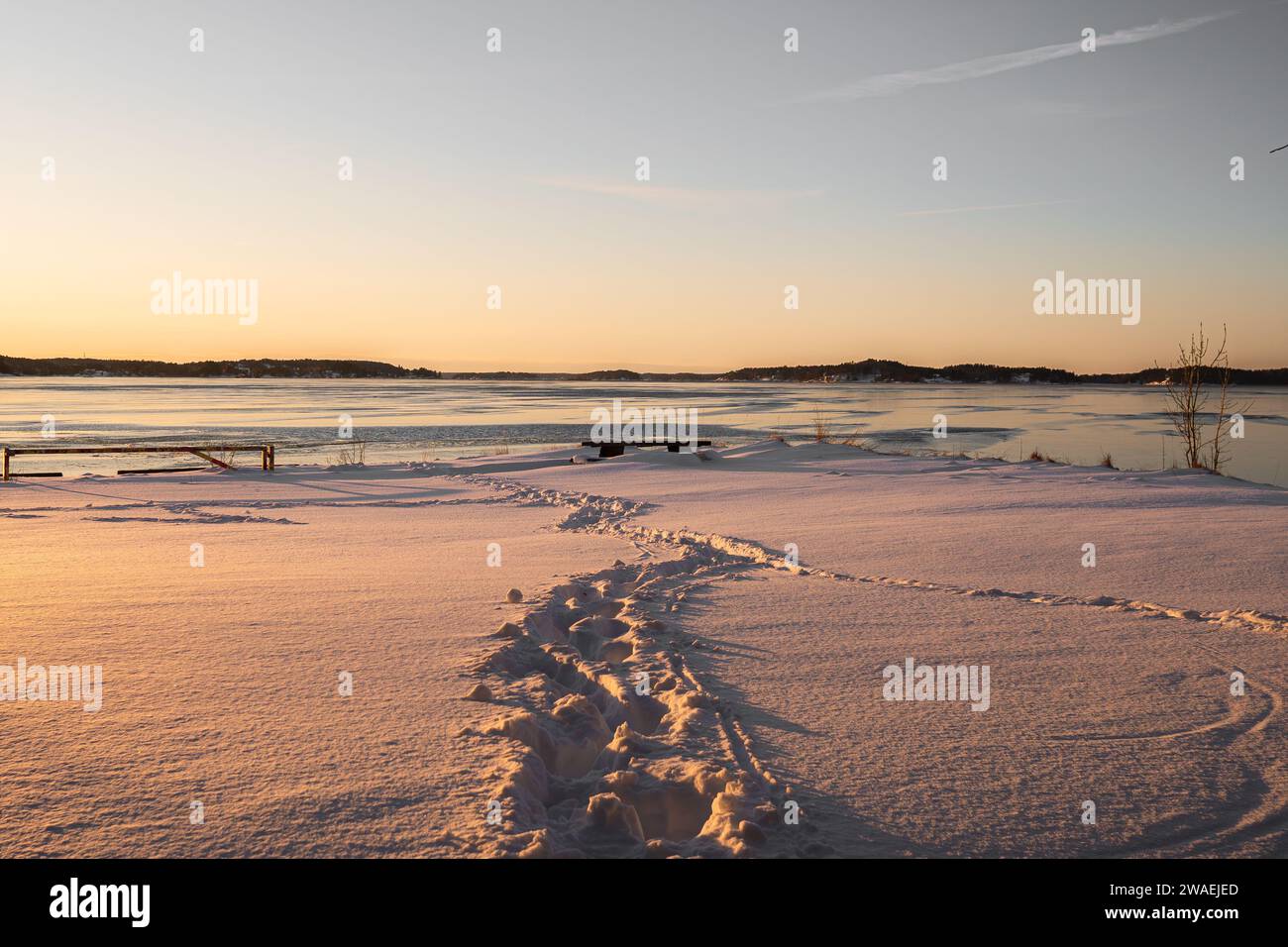 Fußweg im Schnee zu einer Bank mit Blick auf das gefrorene Meer, bei Sonnenuntergang, tiefes rosa Licht, klarer Himmel. Bezirk Stockholm, Schweden. Stockfoto
