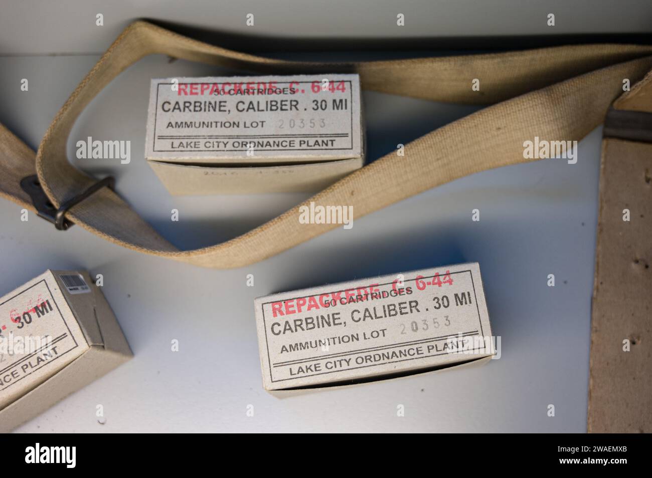 Detail der Munitionsboxen des Kalibers .30 MI für Karabiner im Zweiten Weltkrieg, Lake City Ordnance Plant USA Stockfoto