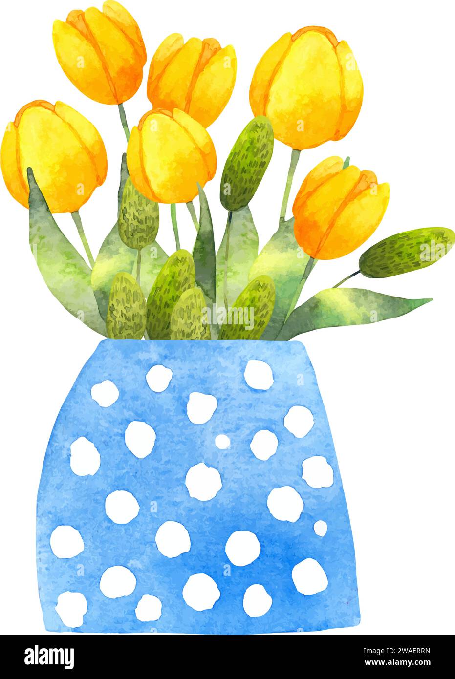 Komposition von gelben Tulpen in einer Vase. Blaue Vase mit Blumen und grünen Blättern. Aquarellillustration. Einfacher stilisierter Stil. Botanischer Blumenstrauß des Frühlings Stock Vektor