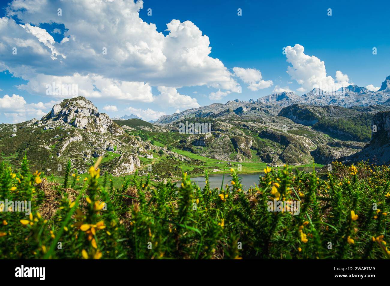 Ein malerischer Blick auf die Covadonga-Seen in Asturien, Spanien, vor einem wolkigen blauen Himmel Stockfoto