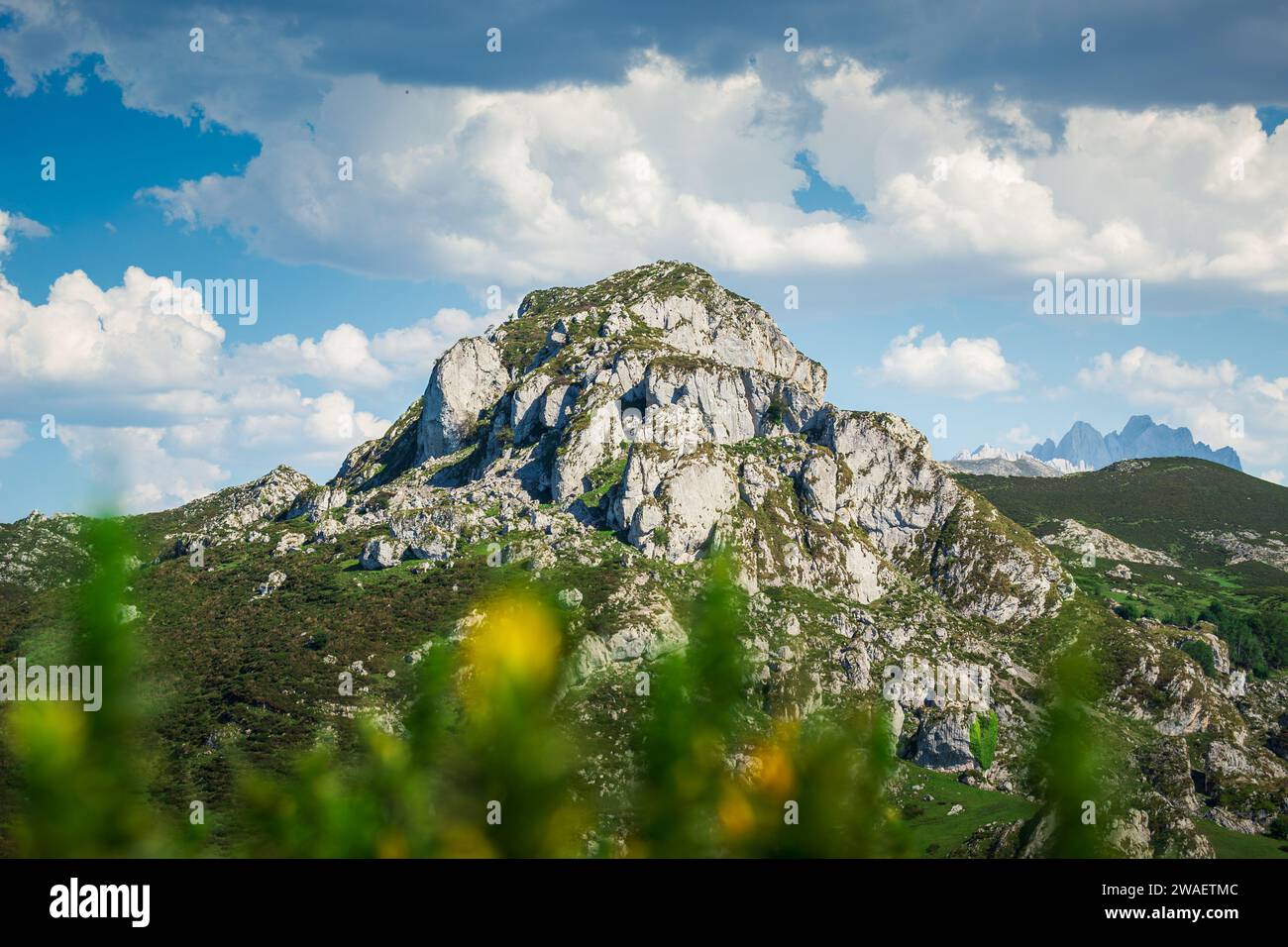 Die atemberaubende Landschaft von Asturien, Spanien mit grünen Bergen vor einem blauen Himmel mit weißen Wolken Stockfoto