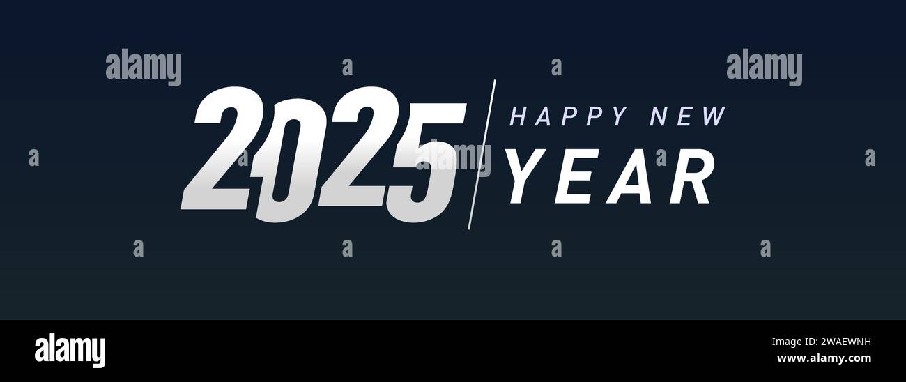 Happy 2025 horizontales Banner. Werbekonzept. Poster zum Neujahrsangebot. Kreative Typografie. Flaches Schwarz-weiß-Design. Website-Grafik Stock Vektor