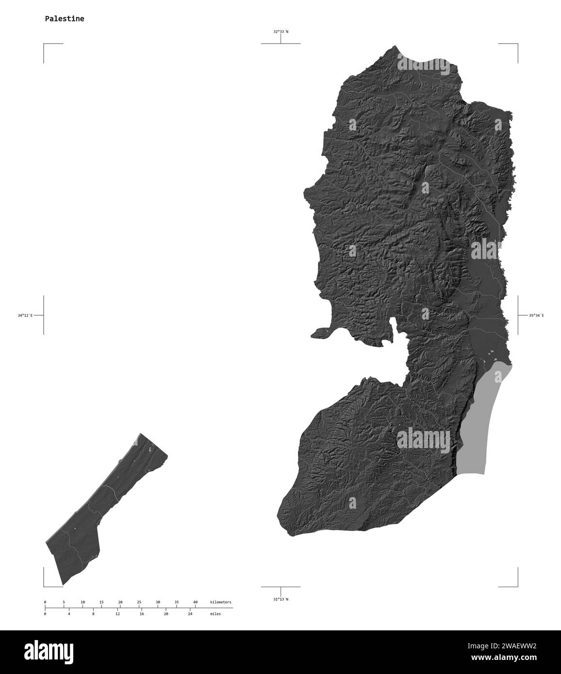 Form einer Bilevel-Höhenkarte mit Seen und Flüssen Palästinas, mit Entfernungsskala und Kartengrenzkoordinaten, isoliert auf weiß Stockfoto