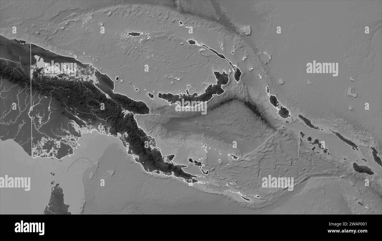 Papua-Neuguinea umreißt auf einer grauen Höhenkarte mit Seen und Flüssen Stockfoto