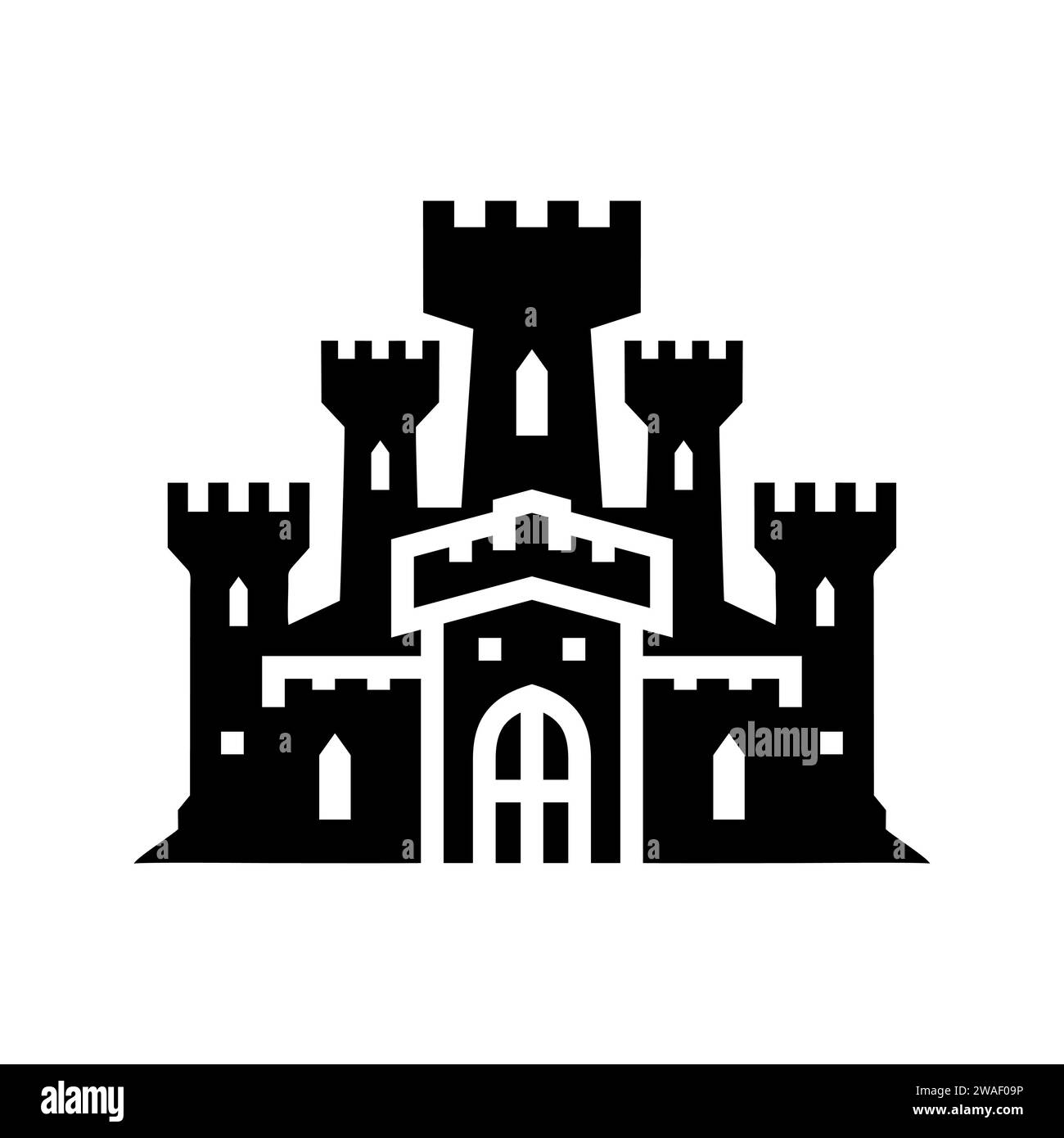Symbol der schwarzen Burg. Kingdom Tower Fantasy Gothic Architektur Gebäude Silhouette. Mittelalterlicher Festungspalast. Königliches altes altes magisches Schloss. Vektor Stock Vektor