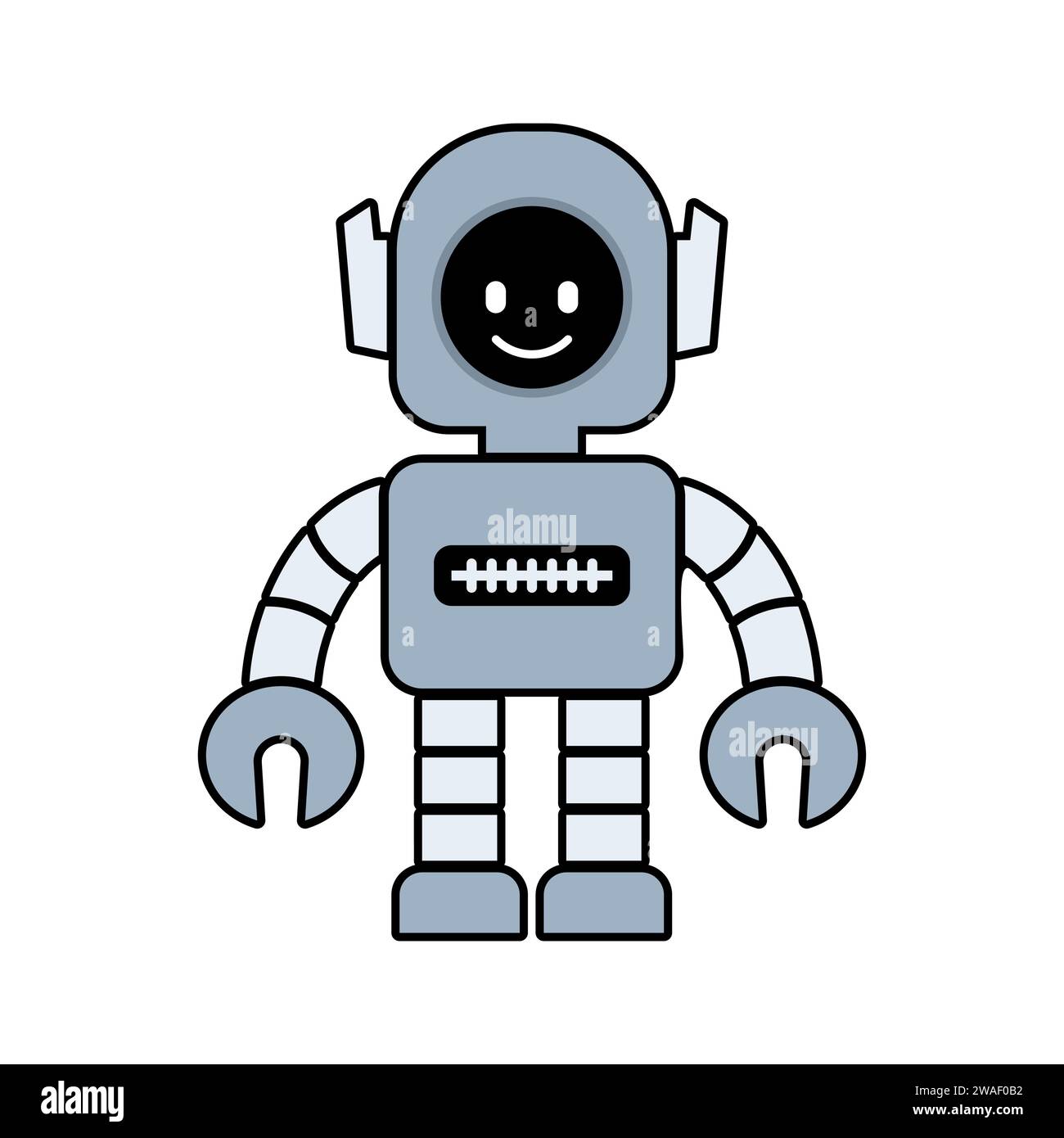 Fröhliche lustige Zeichentrickfilme kindliche Roboterlinien-Symbole. Maschinentechnik Cyborg. Futuristisches humanoides Charaktermaskottchen. Science-Roboter, Android-kompatibel Stock Vektor