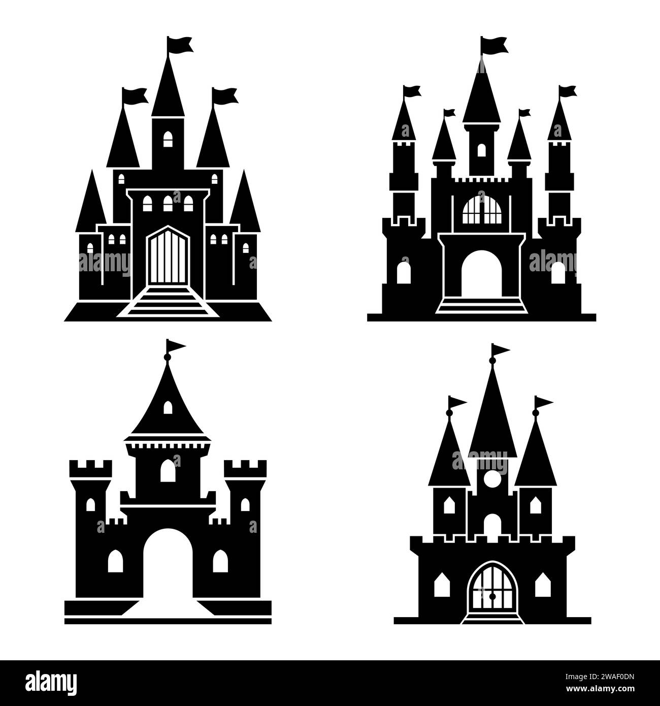 Schwarzes Schloss-Symbol-Set. Kingdom Towers Fantasy Gothic Architektur Gebäude Silhouette Sammlung. Mittelalterlicher Festungspalast. Königliche alte Magie Stock Vektor