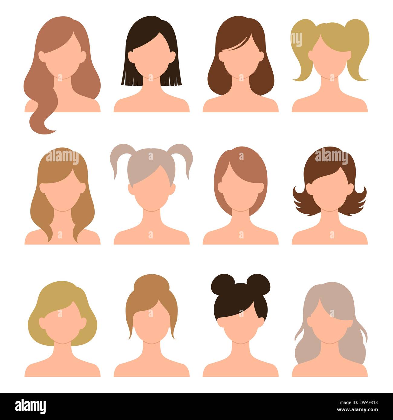 Hairstyle-Set für Damen. Frauenkopf mit Haarschnitten, Pferdeschwanz und Brötchen. Verschiedene Frisuren und Symbole in verschiedenen Farben. Vektorabbildung Stock Vektor