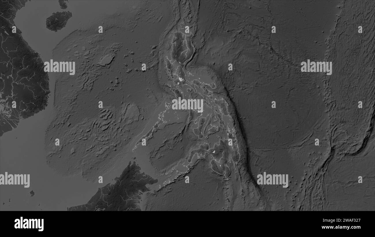 Philippinen auf einer grauen Höhenkarte mit Seen und Flüssen Stockfoto