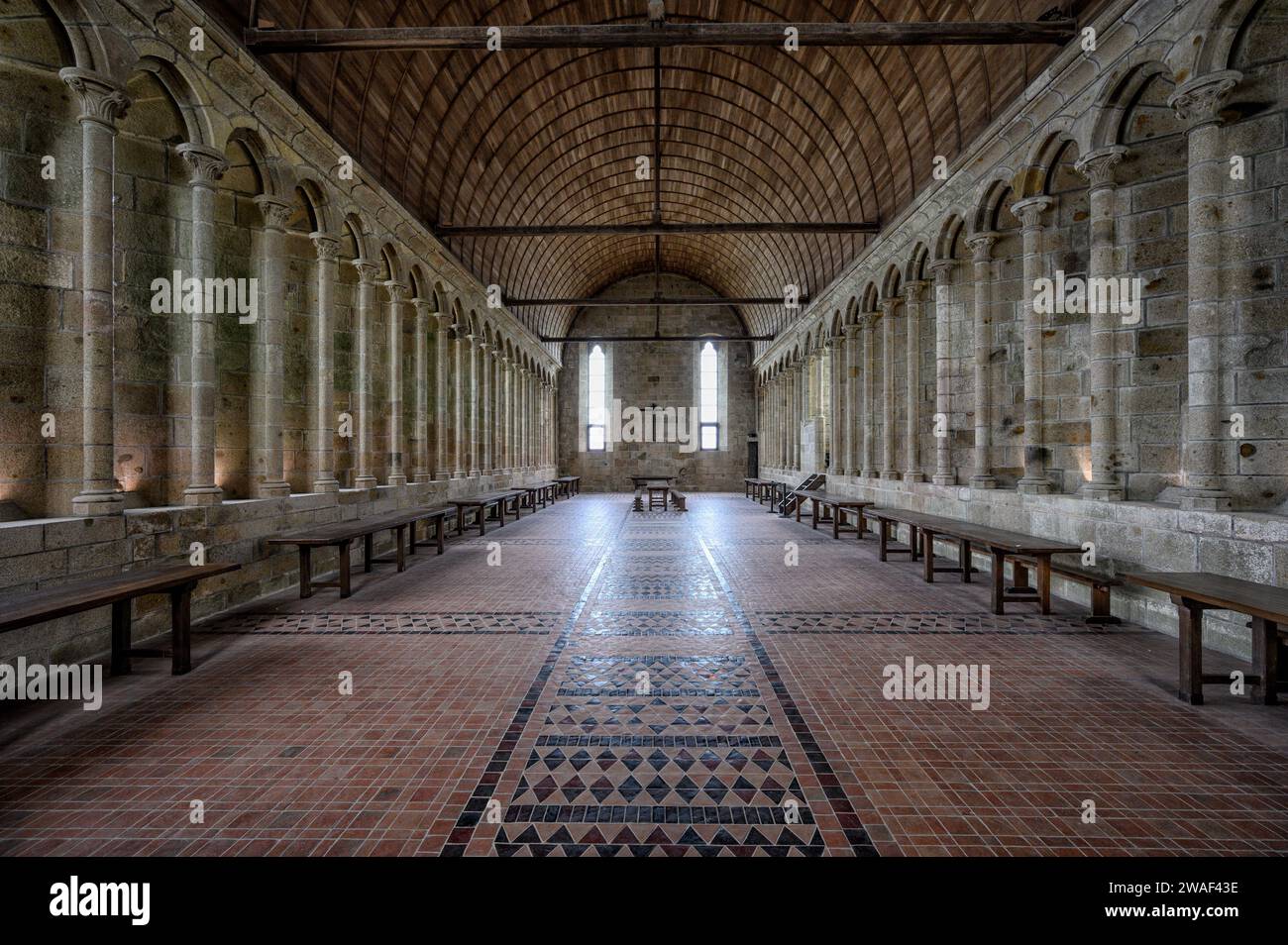 Inneres des oberen Teils der Abtei Mont Saint-Michel in der Normandie, Frankreich Stockfoto