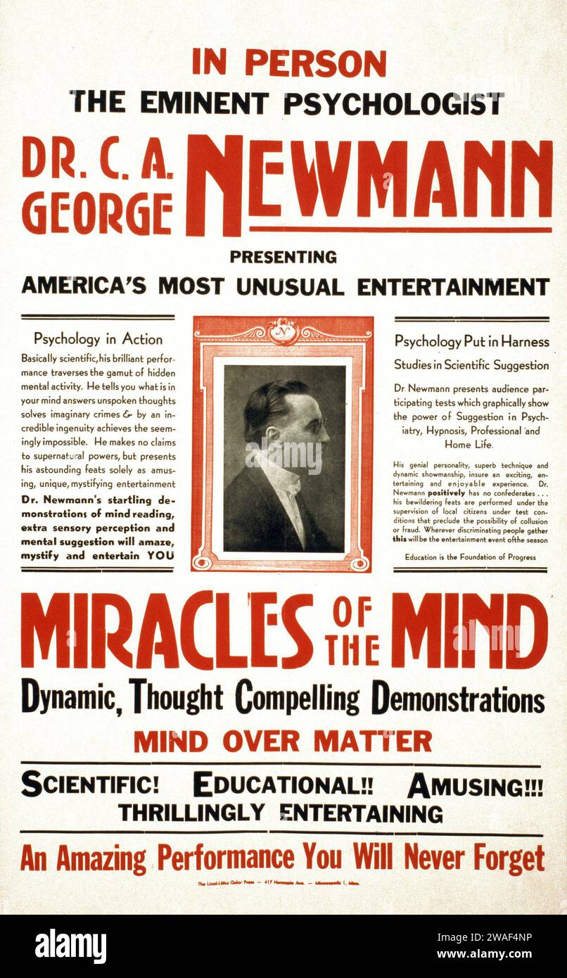 Magic Show Poster - NEWMANN - in Person der eminente Psychologe Dr. C.A. George Newmann präsentiert Amerikas ungewöhnlichste Unterhaltungswunder des Geistes - theatralische Poster, 1930 Stockfoto