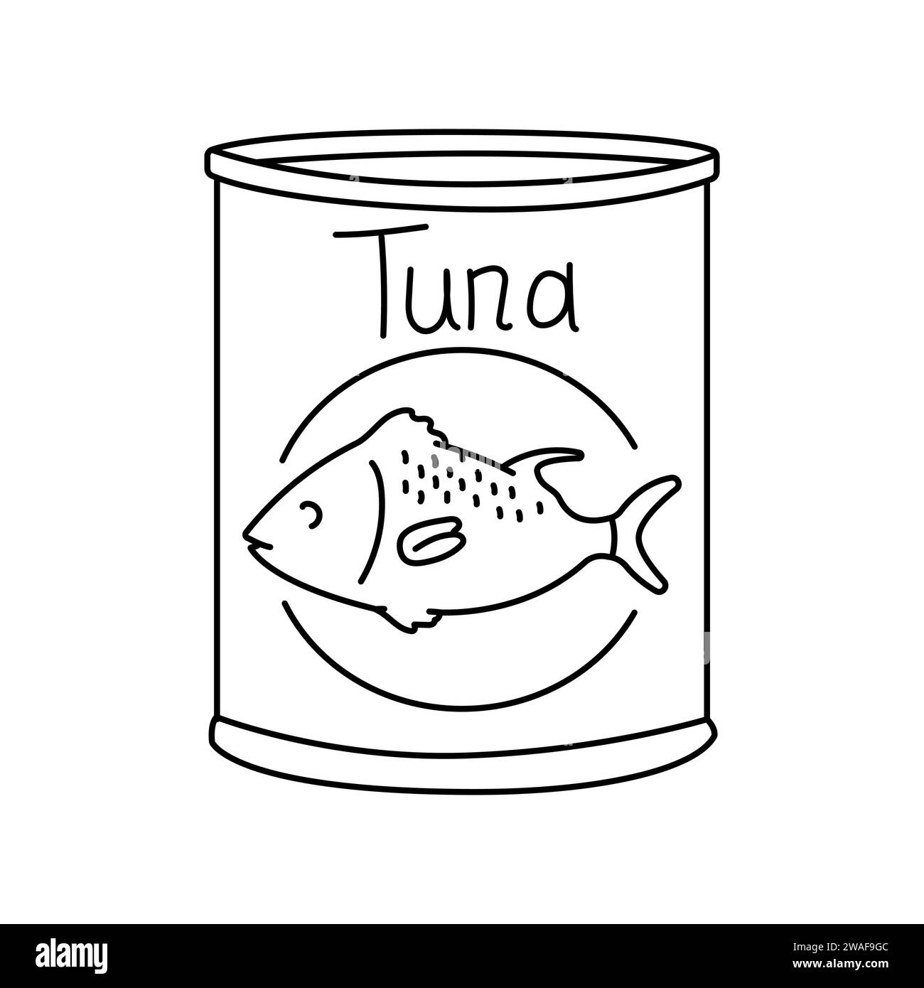Handgezeichnetes Thunfischkannen-Farbelement. Cartoon Ultra Processing Food (upf). Isolierte Vektordarstellung. Stock Vektor