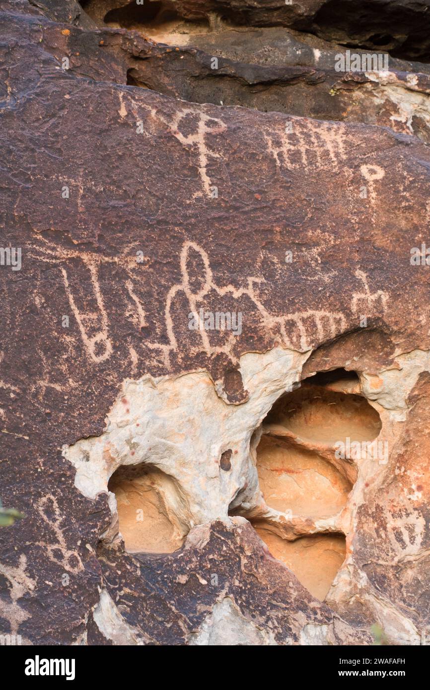 Petroglyphen auf dem Petroglyph Wall Trail, Red Rock Canyon National Conservation Area, Nevada Stockfoto