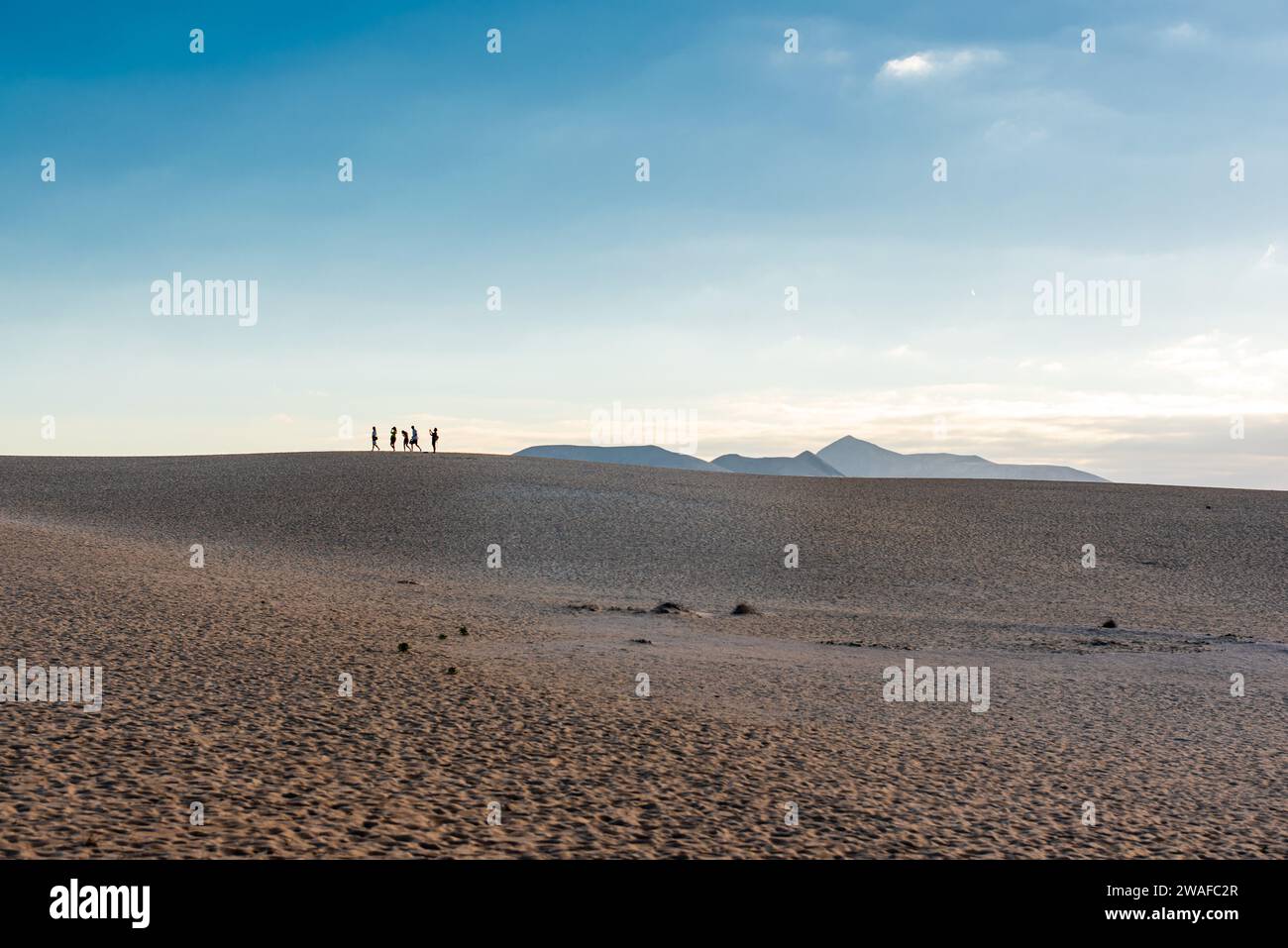 Silhouetten von Menschen auf Sanddünen auf Fuerteventura Stockfoto