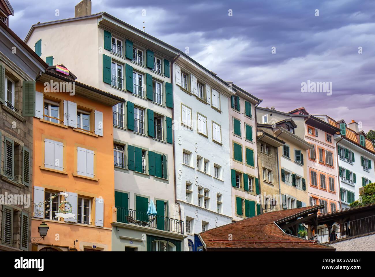 Berühmte Straße und Marché Treppen in Lausanne, Schweiz. Stockfoto