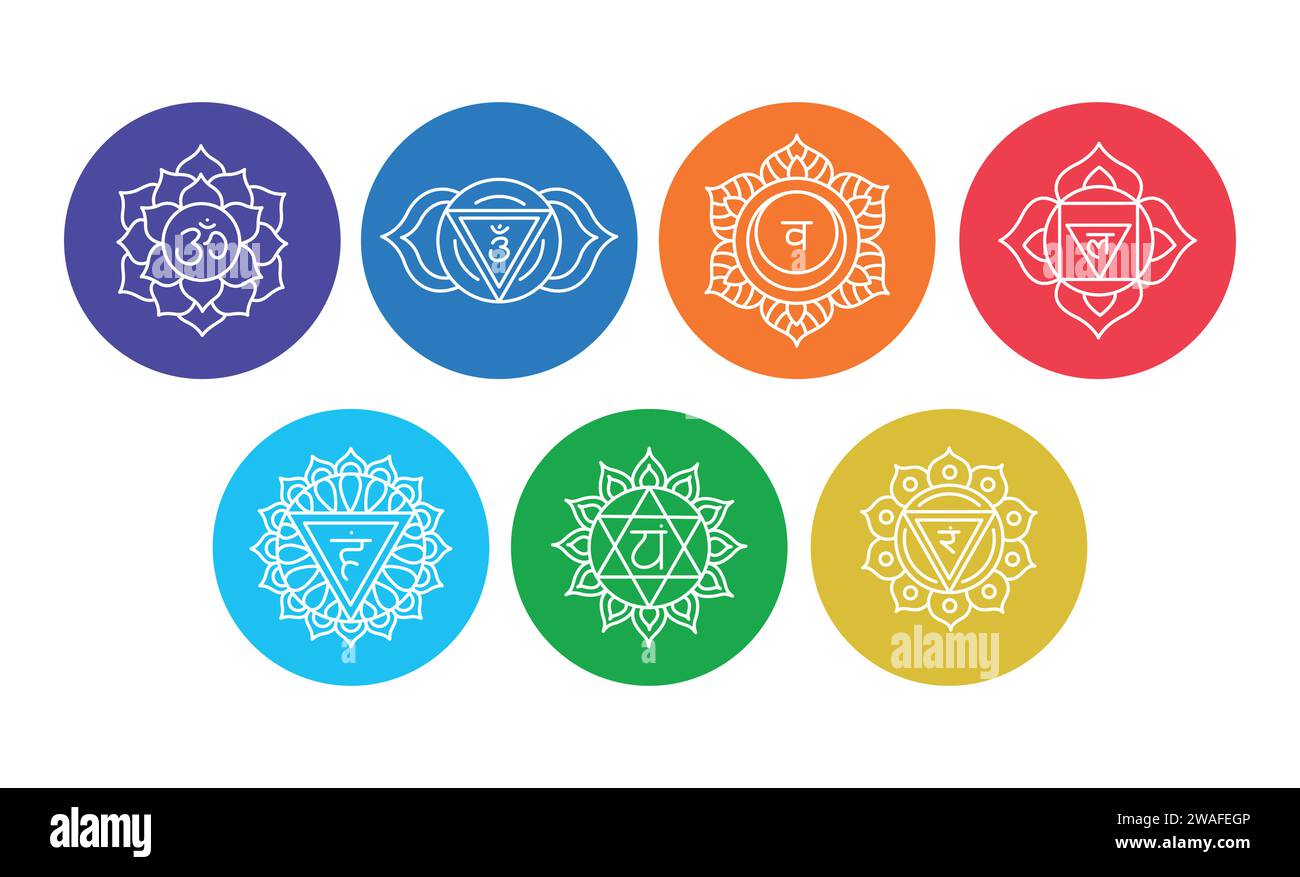 Chakras Set: Muladhara, Swadhisthana, Manipura, anahata, Vishuddha, ajna, Sahasrara. Isolierte Vektorillustration auf farbigem Hintergrund. Stock Vektor