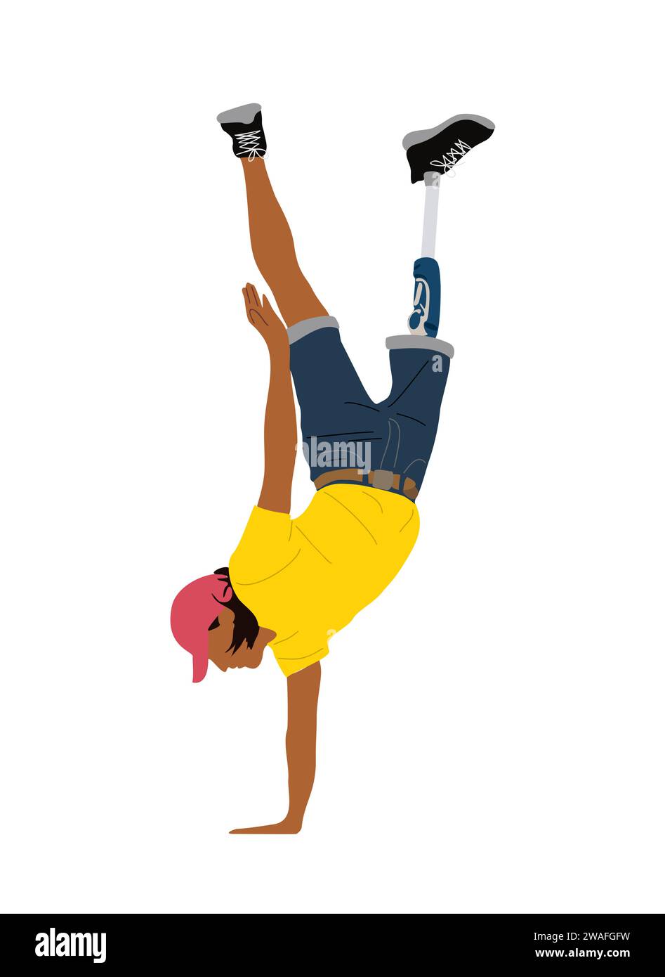 Junger Mann mit Behinderung, der einen Armständer macht. Stock Vektor