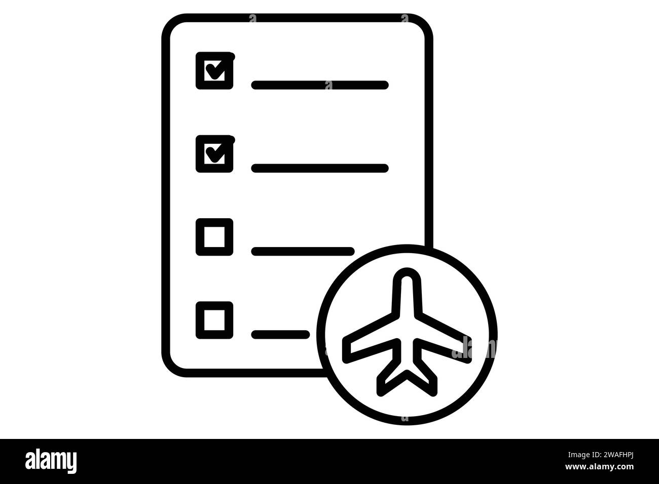 Symbol für Reiseplan. Häkchen mit Flugzeug. Symbol für Reise, geplanter Reiseplan. Liniensymbolstil. Elementabbildung Stock Vektor