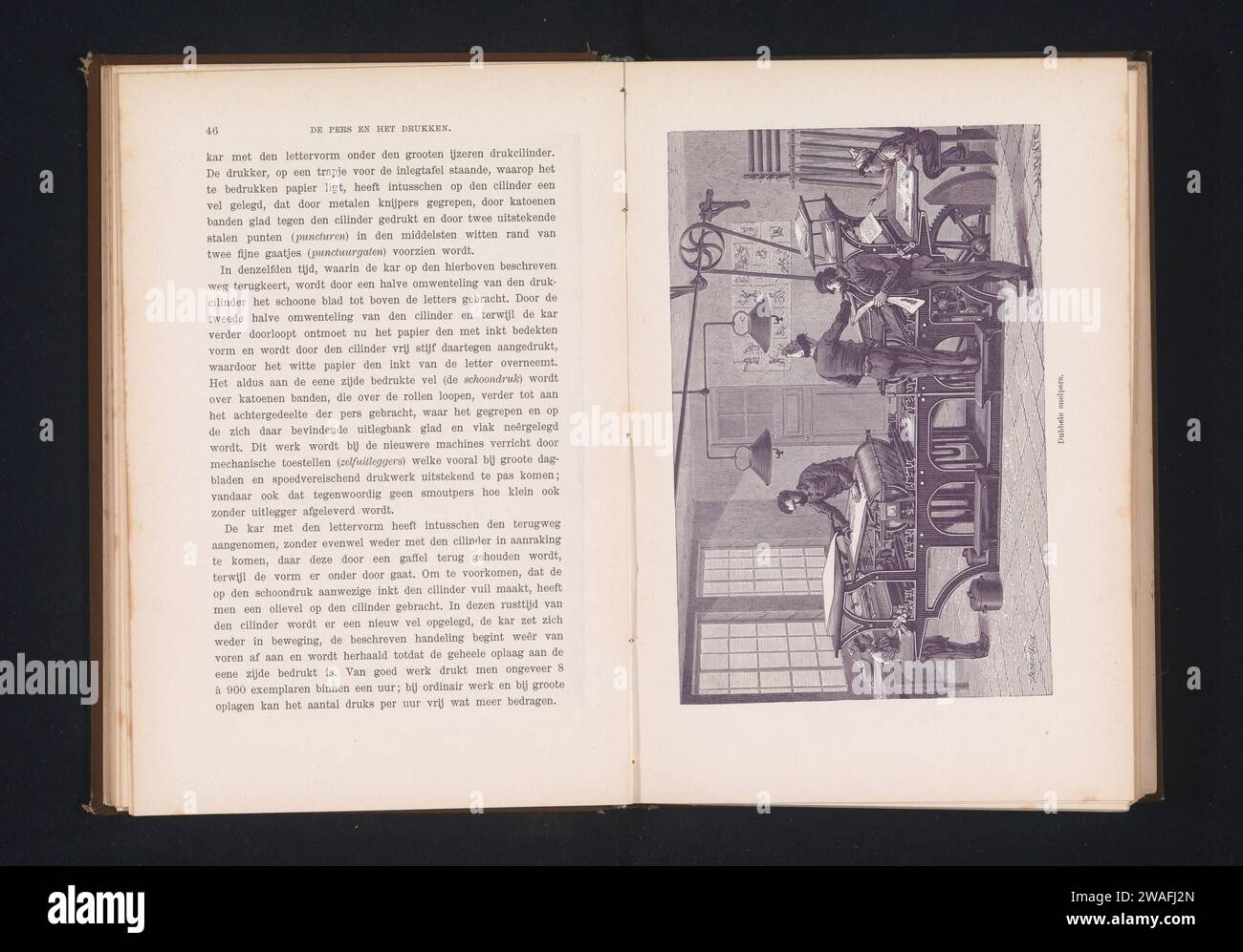 Reproduktion eines Stiches von vier Männern, die mit einer doppelten Schnellpresse arbeiten, von Charles Laplante, Rimmer van der Meulen (möglich), nach Charles Laplante, um 1887 - in oder vor 1892 photomechanischen Druckpapier-Blockdruckmaschine. Erwachsener Mann Stockfoto