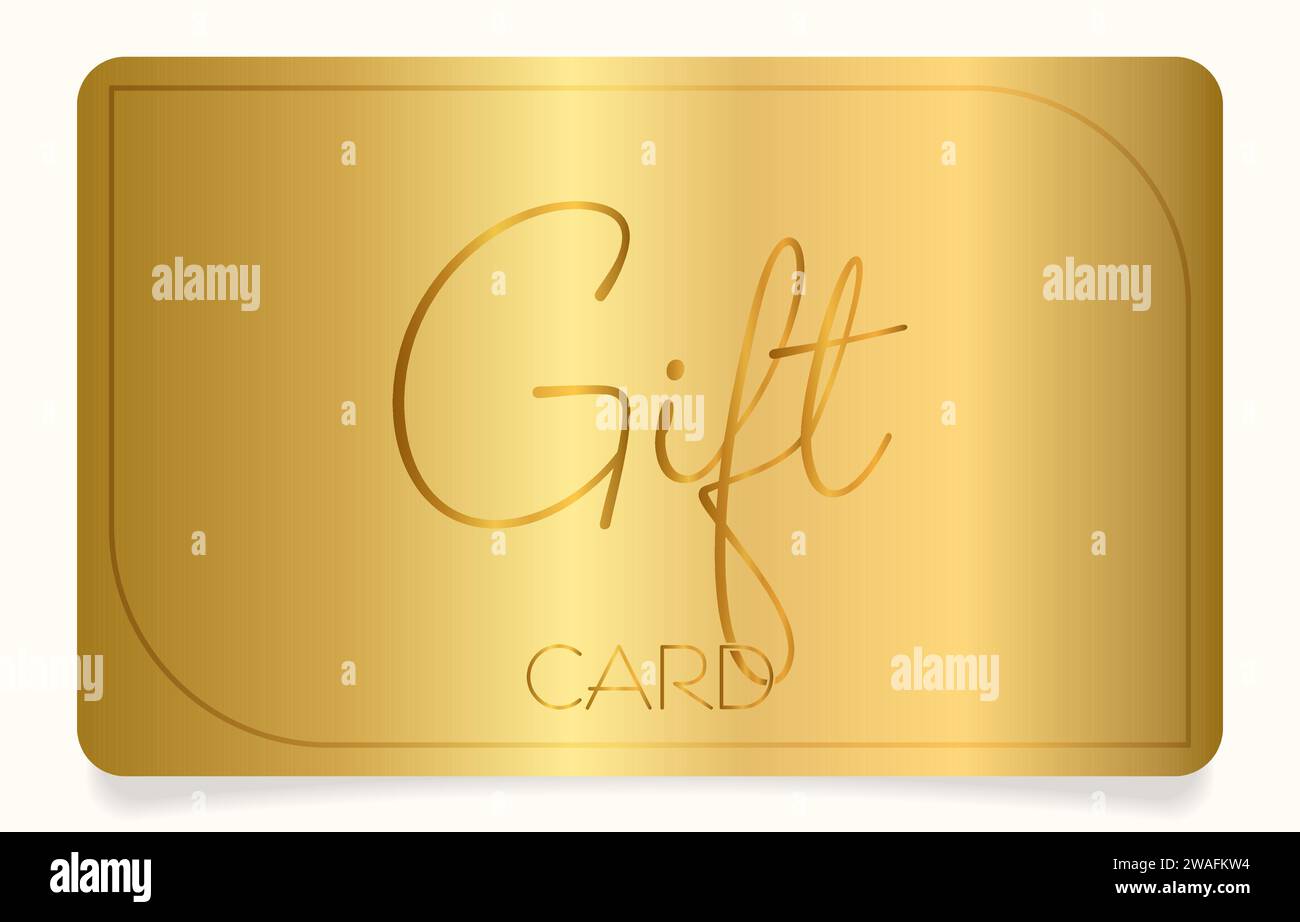 Stilvolle einfache goldene Geschenkkarte Mock Up. Vektor-Metall-farbige Vorlage für Design-Geschenkgutschein, Gutschein, Rabattkarte. Isoliert auf einem weiß Stock Vektor