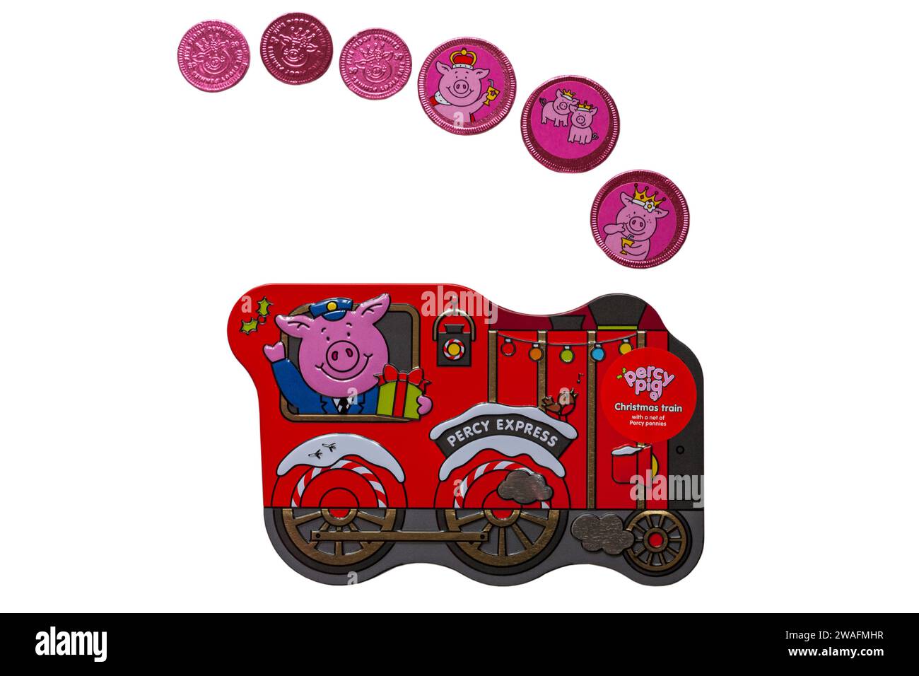 Percy Express Percy Pig Christmas Train mit Percy Pennies, die Rauch auf weißem Hintergrund erzeugen Stockfoto