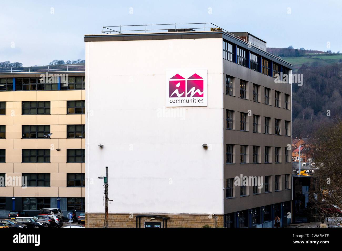 InCommunities Social Housing Vermieter Büros und Wohnungsbauvereinigung Beschilderung in Bradford, West Yorkshire. Stockfoto