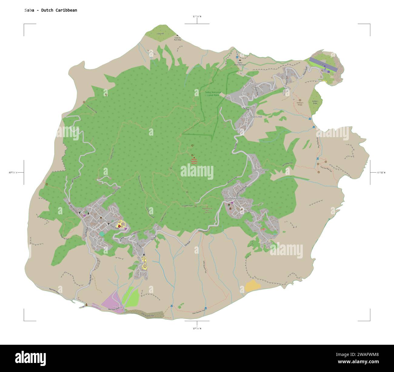 Form einer topografischen Karte im OSM-Standard der Saba - niederländische Karibik, mit Entfernungsskala und Kartenrandkoordinaten, isoliert auf weiß Stockfoto