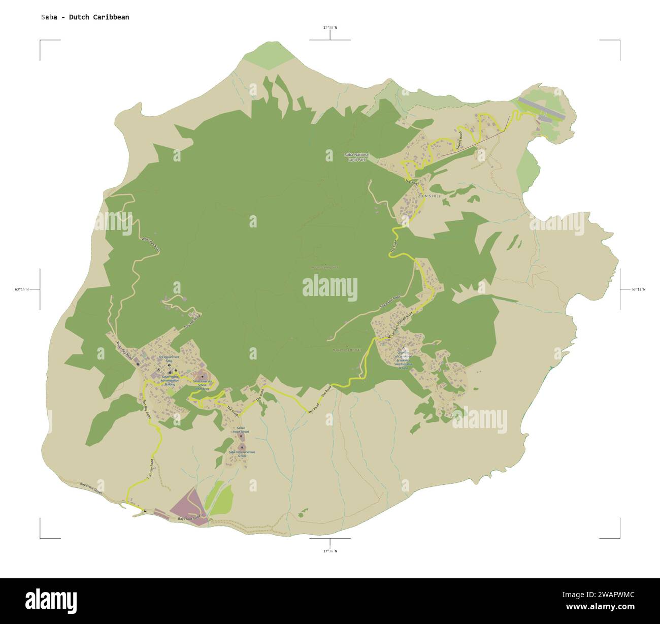 Form einer topografischen Karte im humanitären OSM-Stil der Saba - niederländische Karibik, mit Entfernungsskala und Kartengrenzkoordinaten, isoliert auf weiß Stockfoto