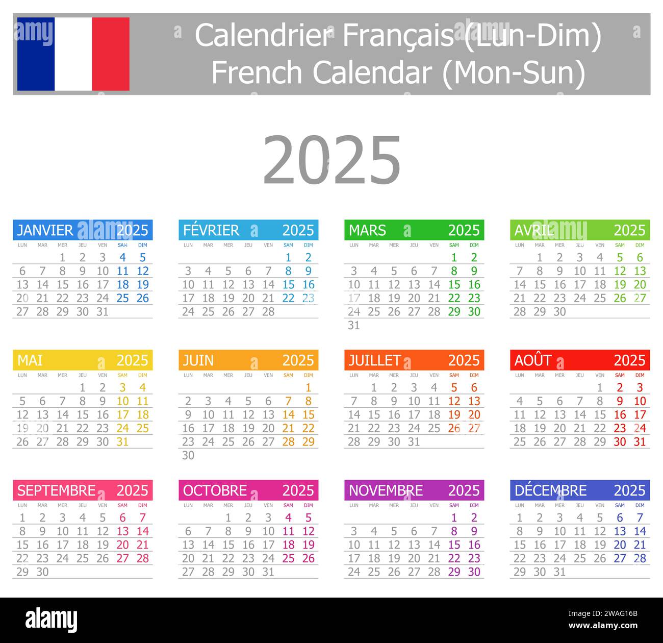 2025 französischer Typ-1-Kalender Mo-so auf weißem Hintergrund Stock Vektor