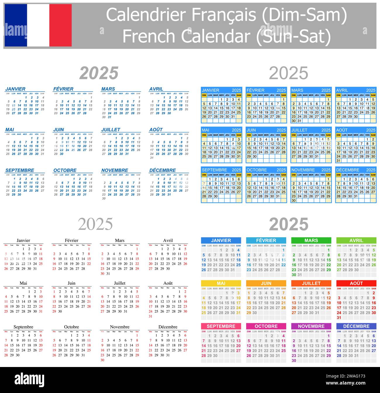 2025 French Mix Calendar Sun-Sat auf weißem Hintergrund Stock Vektor