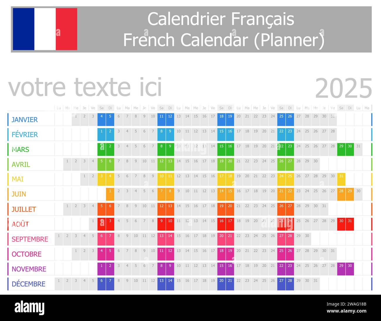 2025 französischer Planerkalender mit horizontalen Monaten auf weißem Hintergrund Stock Vektor