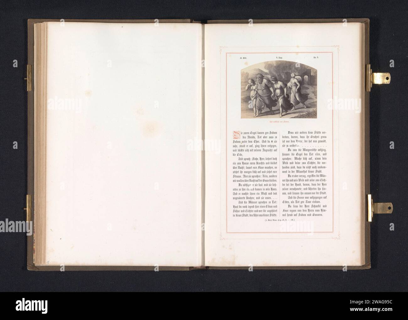 Fotoproduktion von einem Druck zu einem Fresko von Losen Flug aus Sodom von Rafaël für die Loggien im Vatikan, Gustav Schauer, nach Anonym, nach Rafaël, um 1851 - in oder vor 1861 Foto Berlin fotografisches Trägeralbumen Drucklos, als er die Zerstörung der Städte sieht und um seine Sicherheit in Zoar fürchtet, flieht er mit seinen Töchtern in eine Höhle in den Bergen. Lots Frau blickt zurück auf die Stadt und wird in eine Salzsäule verwandelt Stockfoto