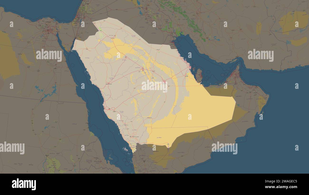 Saudi-Arabien wird auf einer topografischen Karte im OSM-Standardstil hervorgehoben Stockfoto