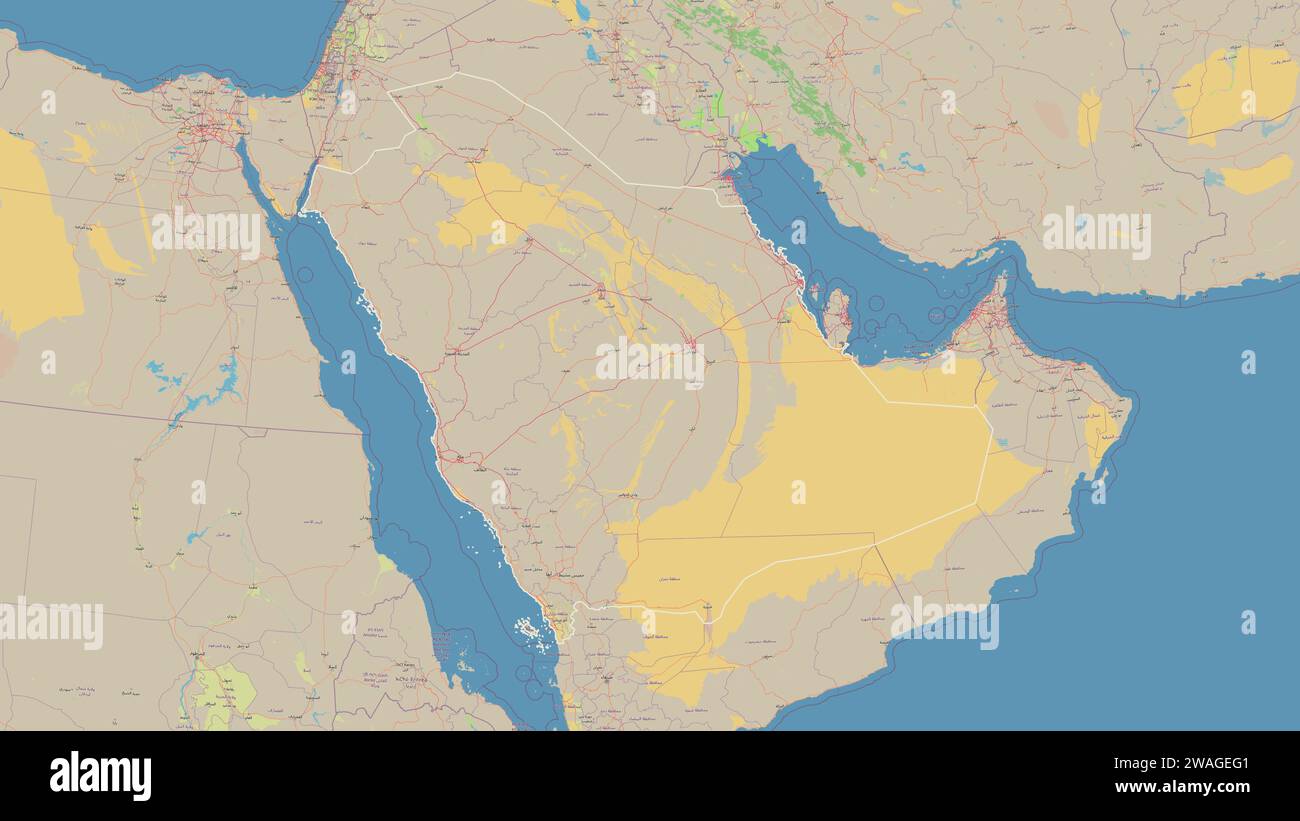 Saudi-Arabien wird auf einer topografischen Karte im OSM-Standard dargestellt Stockfoto