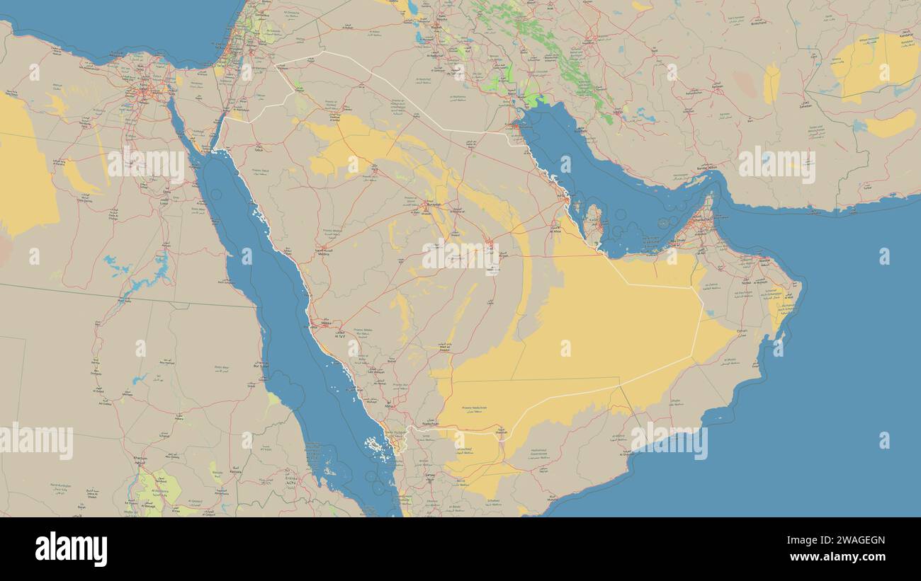 Saudi-Arabien wird auf einer topografischen Karte im Stil von OSM Deutschland dargestellt Stockfoto