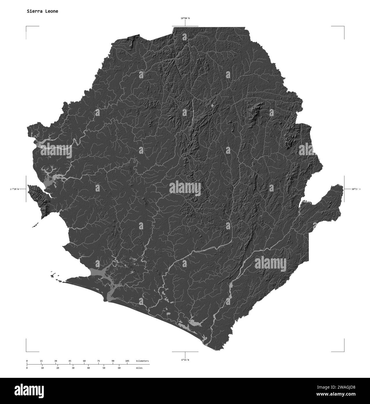 Form einer Bilevel-Höhenkarte mit Seen und Flüssen der Sierra Leone, mit Entfernungsskala und Kartengrenzkoordinaten, isoliert auf weiß Stockfoto