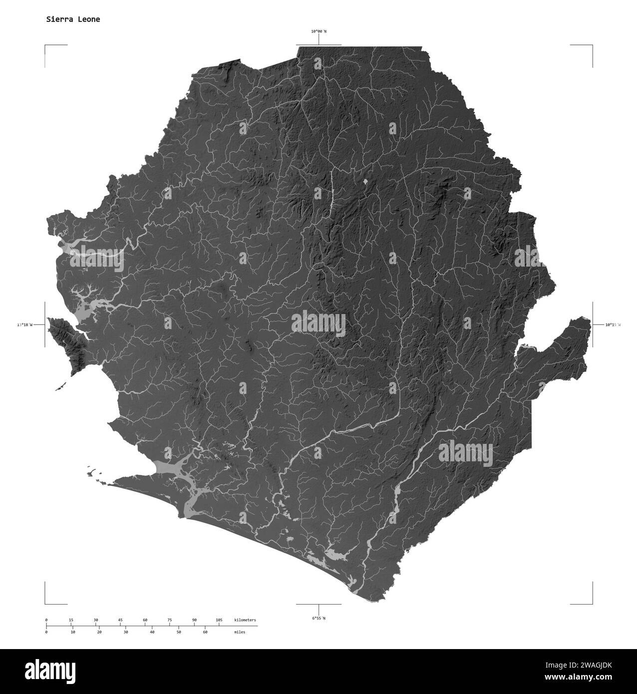 Form einer grauen Höhenkarte mit Seen und Flüssen der Sierra Leone, mit Entfernungsskala und Kartengrenzkoordinaten, isoliert auf weiß Stockfoto
