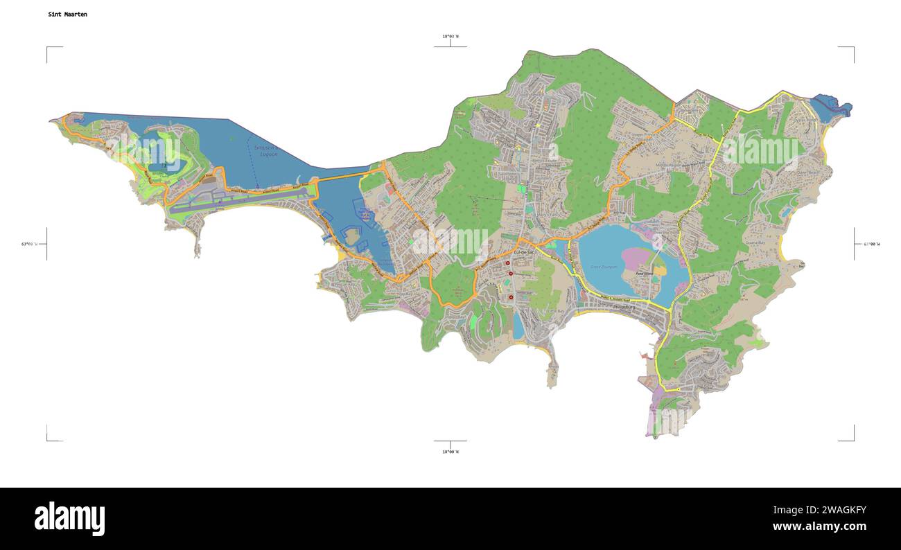 Form einer topografischen Karte im OSM-Standard des Sint Maarten mit Entfernungsskala und Kartenrandkoordinaten, isoliert auf weiß Stockfoto