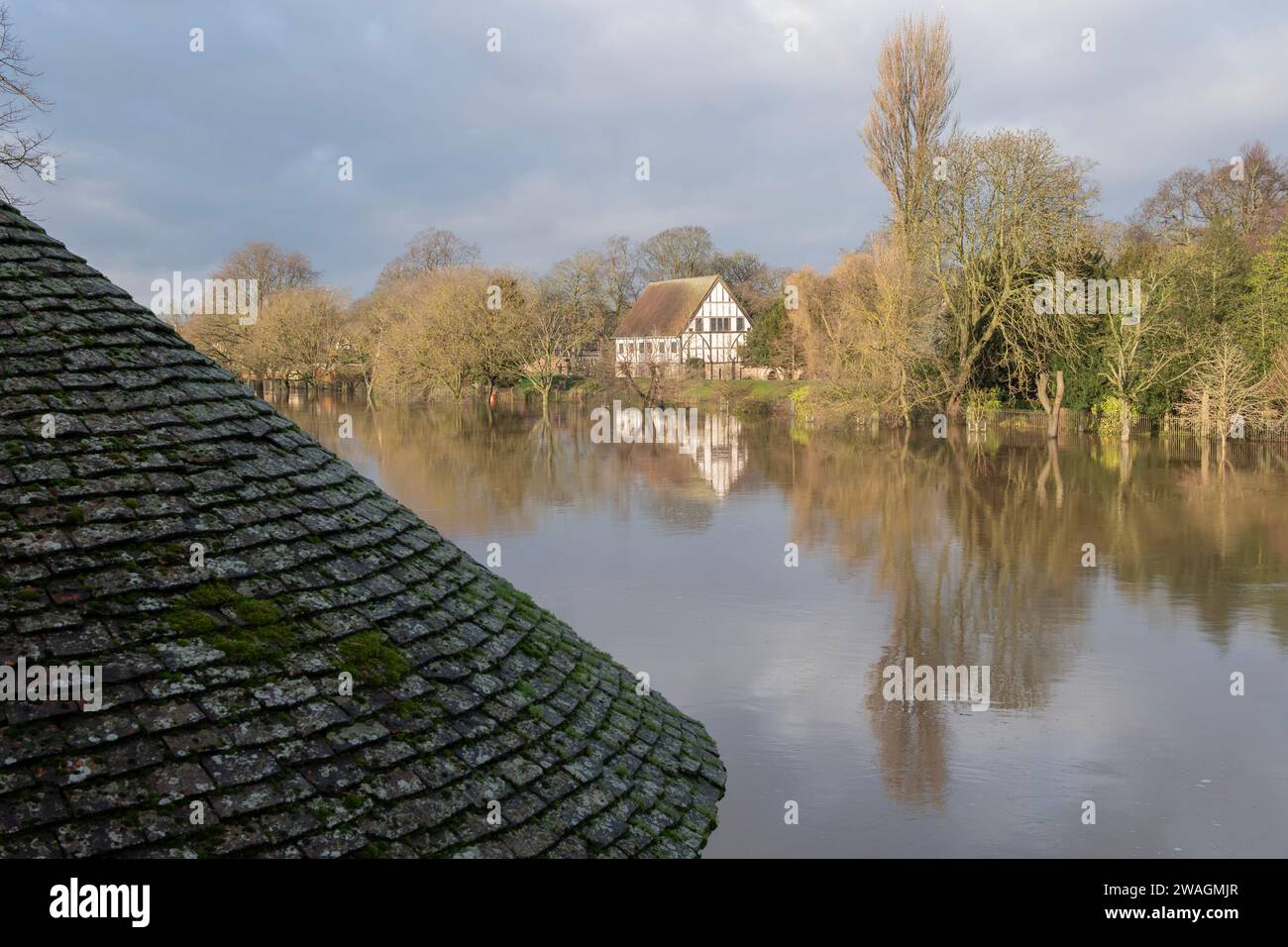Überschwemmung im Stadtzentrum von York am 4. Januar 2024 entlang des Flusses Ouse und Dame Judi Dench Walk vor dem Hospitum in den Museumsgärten Stockfoto