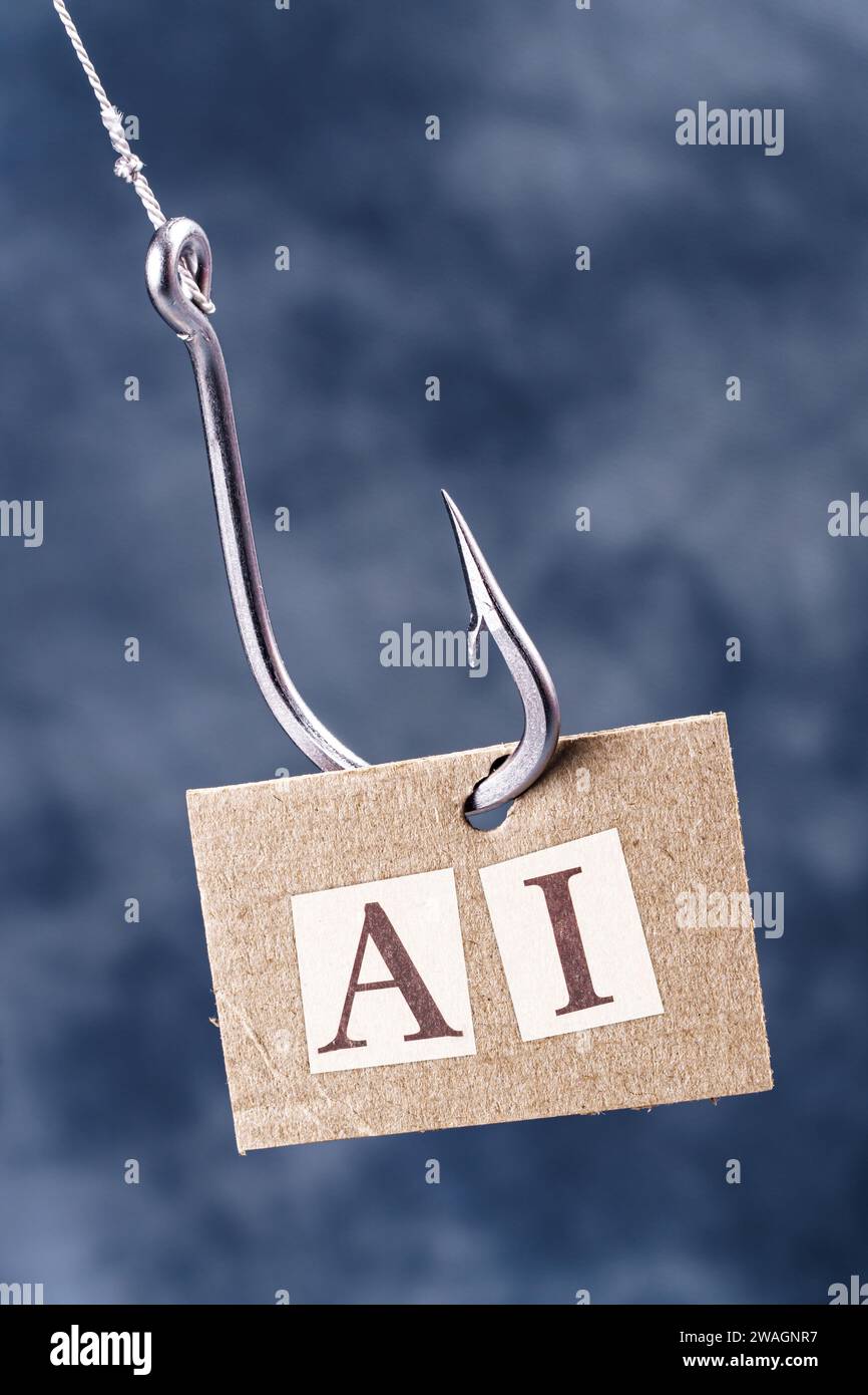 Fotografie von KI-Buchstaben als Köder an einem großen Angelhaken. Vorstellung der Gefahren der Abhängigkeit von künstlicher Intelligenz. Stockfoto
