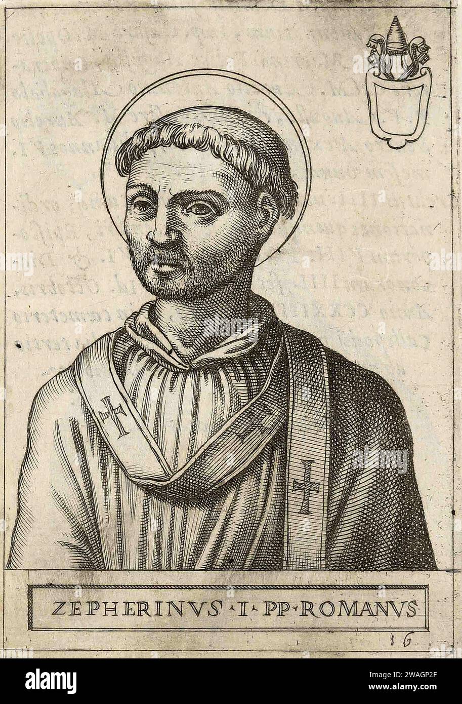 Eine Illustration von Papst Zephyrinus aus dem Jahr 1580, der von 199 bis 217 Papst war. Er war der 15. Papst. Stockfoto