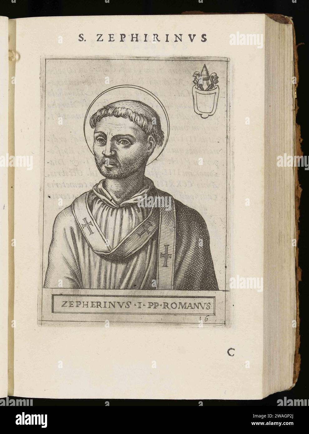 Eine Illustration von Papst Zephyrinus aus dem Jahr 1580, der von 199 bis 217 Papst war. Er war der 15. Papst. Stockfoto